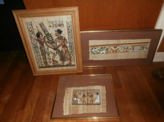 3 Framed Painted on Papyrus Egyptian Art Prints  Wall Decor