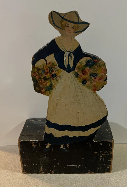 Antique Victorian Lady Folk Art Wood Doorstop Hand Painted