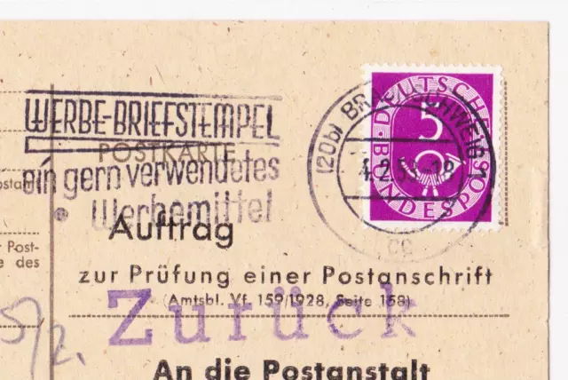 Bund posthorn, 5 pf as a selt. portoger. EF on impeccable address check card 2