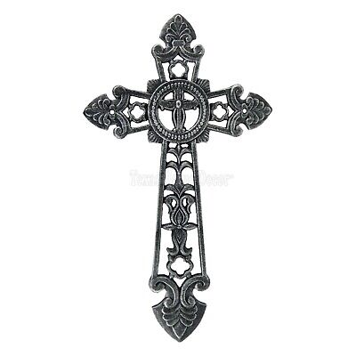 Large Gothic Wall Cross Cast Iron Silver Black Medieval Fleur De Lis 19"