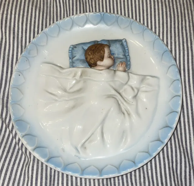 GEBRUDER HEUBACH Sleeping Baby Boy Bisque Porcelain Wall Hanging Plate Plaque