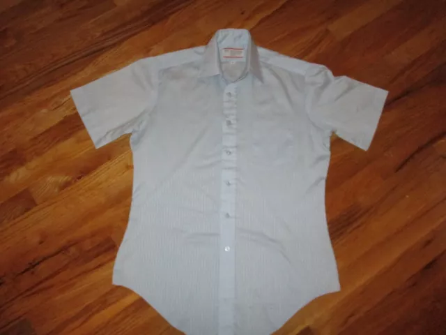 Men's Vtg 60s 70s Sears Perma Prest Light Blue Striped Short Sleeve Shirt Sz 15