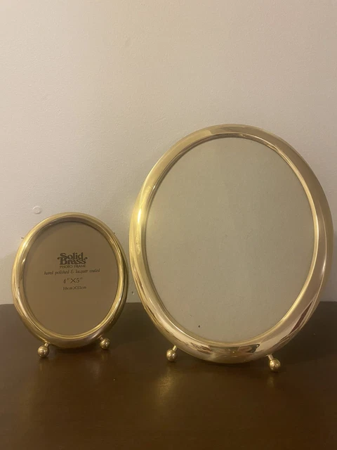 Lot Of 2 Vintage Solid Brass Oval Gold Picture Frame Balled Feet Antique