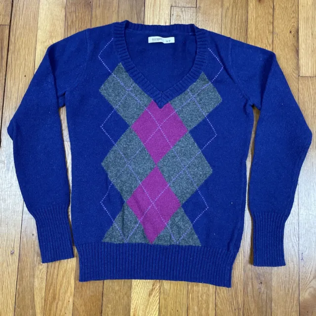 OLD NAVY MEN'S S V-Neck Pullover Sweater Purple Gray Argyle 100% Cotton ...