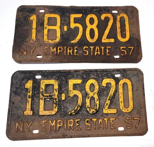 Vintage 1957 Pair New York License Plates Tag # 1B-5820 NY USA Yellow Black