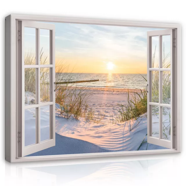 Leinwandbild Bilder Fensterblick Strand XXL Wandbild Bild Wohnzimmer Groß Modern