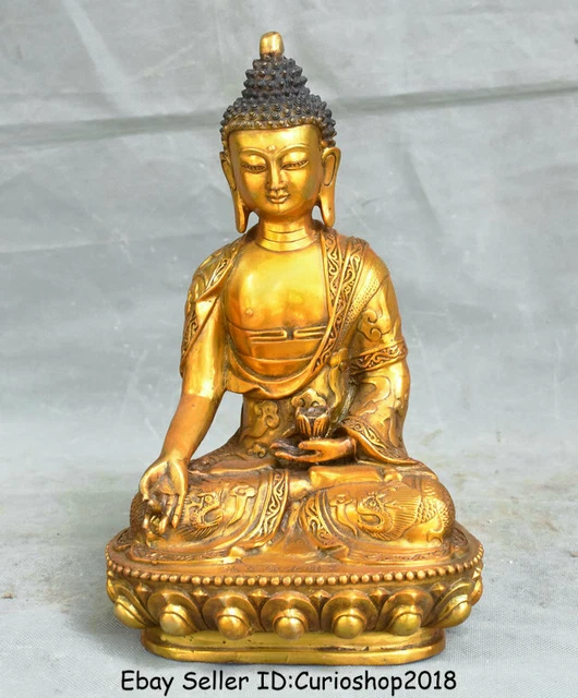 11.6" Old Tibet Temple Copper Gilt Shakyamuni Amitabha Buddha Dragon Robe Statue