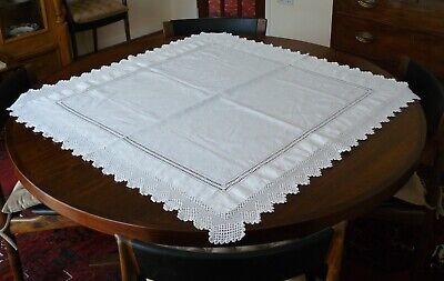 Victorian Linen Tablecloth, Crocheted Lace Edging & Drawn Thread Work, 36" x 40"