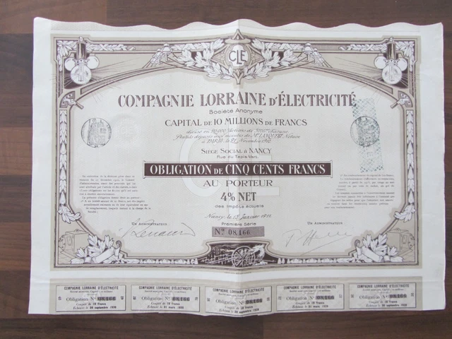 Obligation 500 frs "COMPAGNIE LORRAINE D'ELECTRICITE" (20000 ex, DECO, 1914)