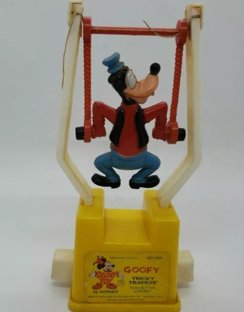 Vintage 1960s Goofy Tricky Trapeze Push Puppet Disney Toy with Sticker Mickey