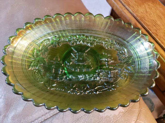 Vintage IMPERIAL Carnival Glass Windmill Dutch Green 8 1/2" Oval Bowl/Dish