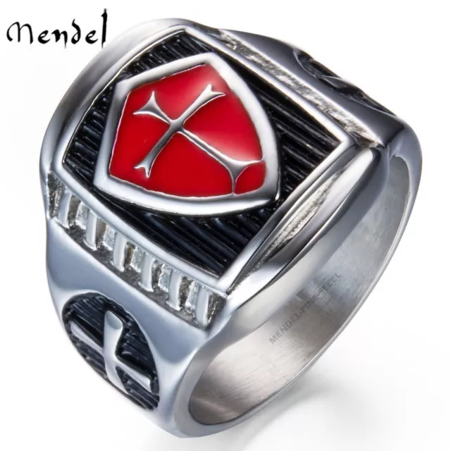 MENDEL Mens Shield Cross Knights Templar Ring Silver Stainless Steel Size 7-15