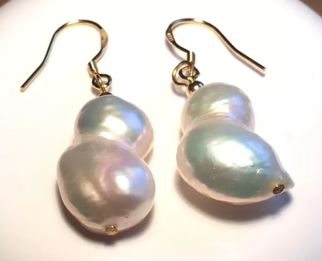 Pearl Earrings Large South Sea Natural White Baroque Excellent Lustre 18-12mm