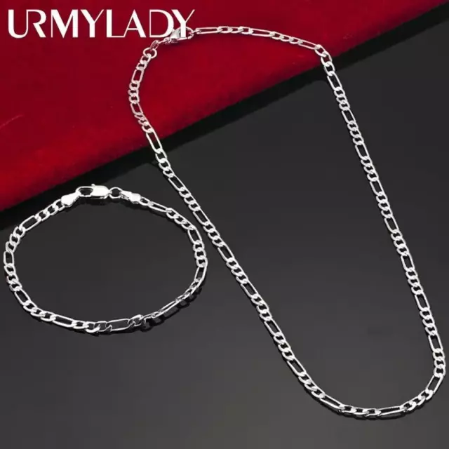 Men's 4mm 925 Italy Sterling Silver Thick Solid Figaro Chain Necklace & Bracelet