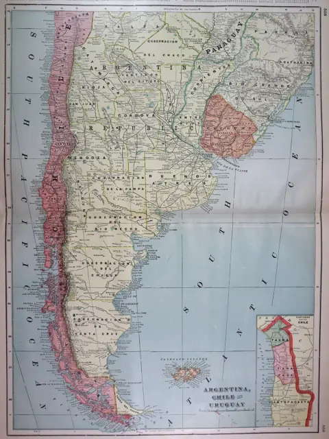 Old 1902 Cram Atlas Map ~ ARGENTINA - CHILI - URUGUAY ~ (XXL18x26) #1360