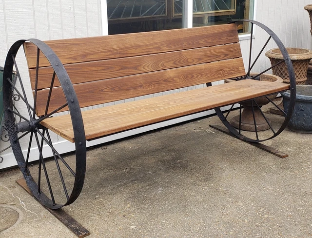 Custom Made Exterior Cambria Ash Bench with Iron Wagon Wheel Sides & Steel Frame