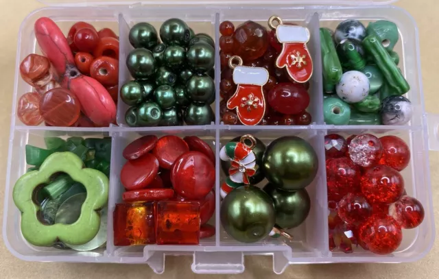 Small Gift Box Assorted Green Red Mixed Glass Beads Jewellery Making Christmas