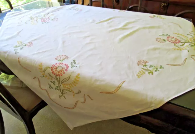 Vintage HAND-EMBROIDERED SQUARE TABLECLOTH Floral design on cream Linen fabric