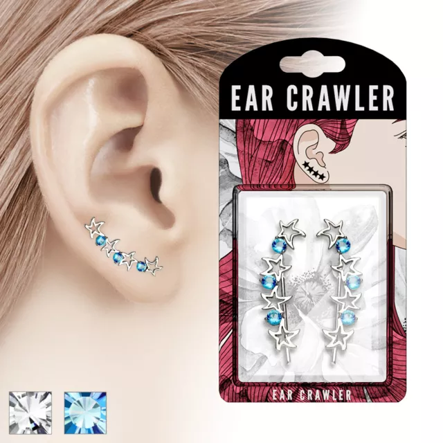 Pair of Round CZ and Hollow Stars Ear Crawler Climber Earrings