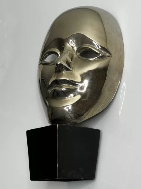 French Art Deco Style Chrome Androgynous Face Mask Prop Display Stand Sculpture