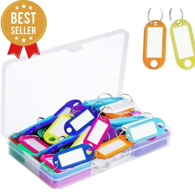 50 Plastic Key Tags Assorted Colors with Split Ring - ID Labels, Luggage Tags