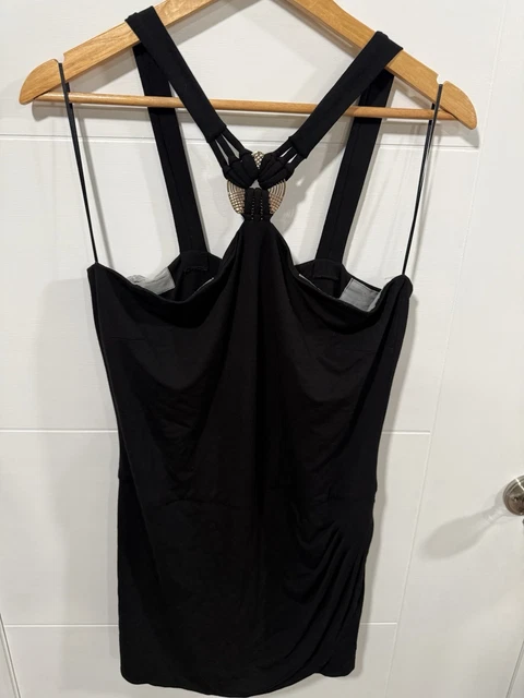 Cache Black Bodycon Sleeveless Dress Metal Ring Pleated Accent Rayon Spandex L Cache Black Bodycon Sleeveless Dress Metal Ring Pleated Accent Rayon Spandex L