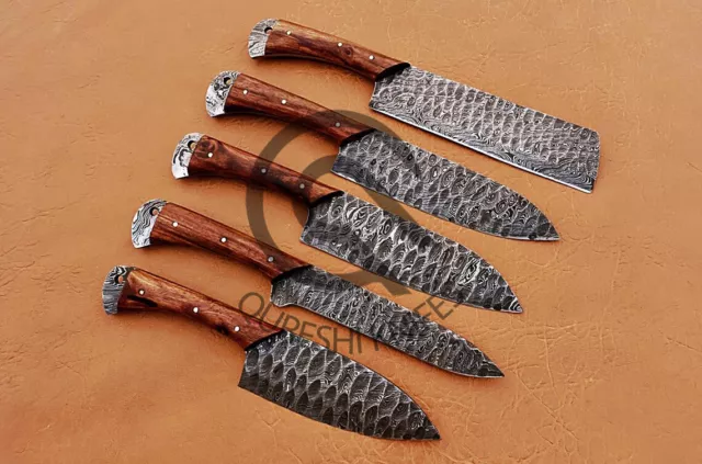 Custom Handmade Damascus Steel Knife Set 5 Pieces With Leather Sheath