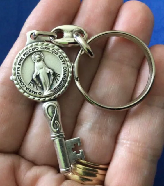 Our Lady of Grace MIRACULOUS Key to Heaven Key Chain RING Devotion Silver Tone