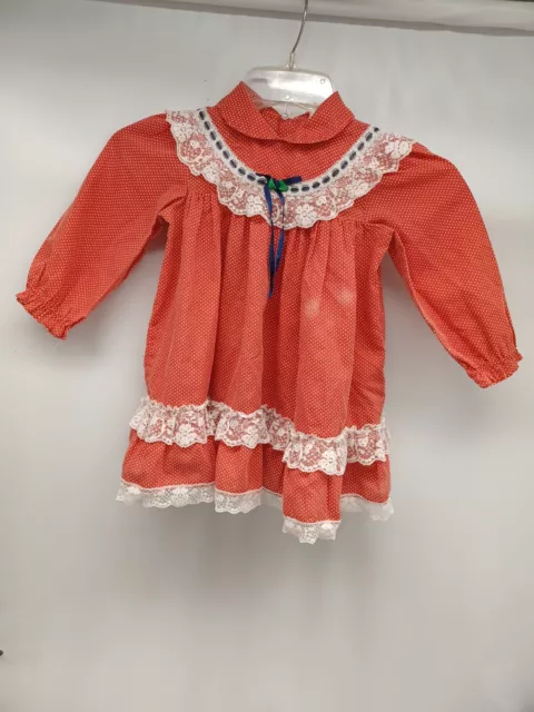 VTG toddler Girl Dress Ruffle Lace Polkadot Red White Polka dot Long Sleeve 3T