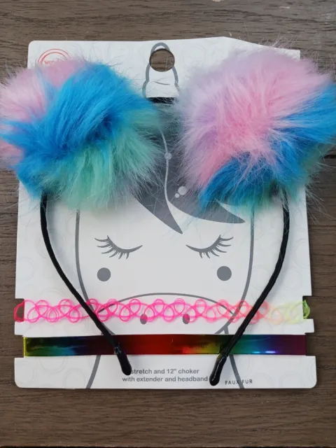 ~NEW Girls 'Puff UNICORN Ear Headband Choker Set'~Pink/Blue/Green~Ages 3+~