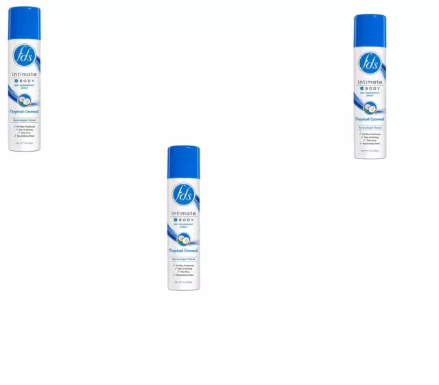 BL Fds Intimate + Body Dry Spray Desodorante Coco Tropical 2 oz ea *PAQUETE DE TRES*