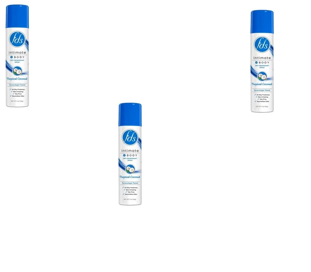 BL Fds Intimate + Body Dry Spray Desodorante Coco Tropical 2 oz ea *PAQUETE DE TRES*