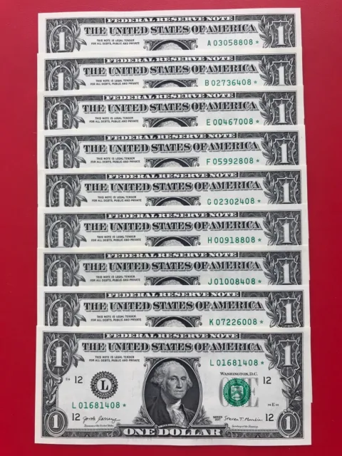 Wow Star note Set 2017 $1 DOLLAR BILL (A,B,E,F,G,H,J,K,L)9 DISTRICT Uncirculated
