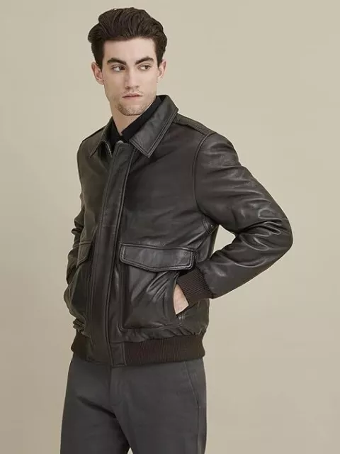 CHARMSHILP Bomber Chaqueta de Cuero Genuino Negro Hombre Estilo Motero Biker 2