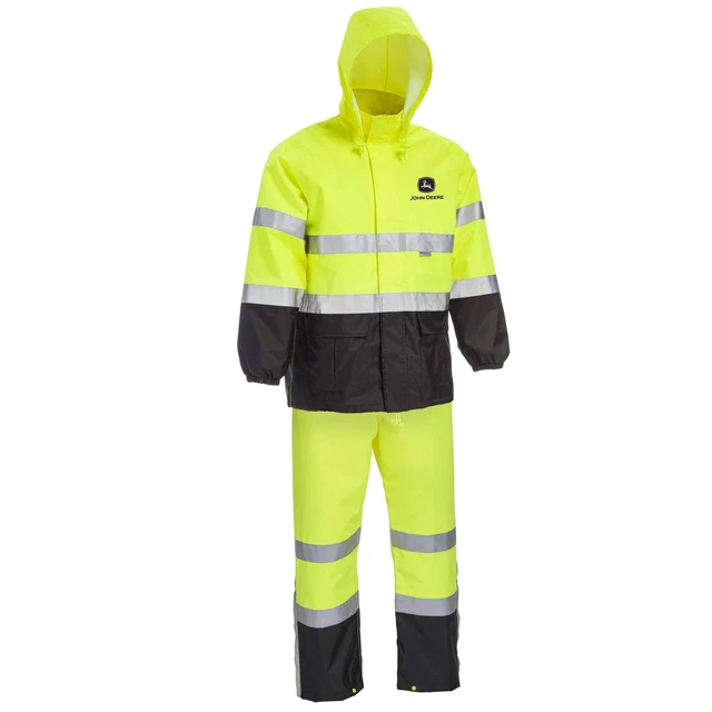 John Deere Unisex High Visability ANSI Class III Rain Suit Jacket and Bib wit...
