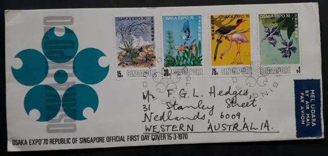 1970 Singapore World Fair EXPO 70 FDC ties 4 Stamps cd Singapore to Nedlands