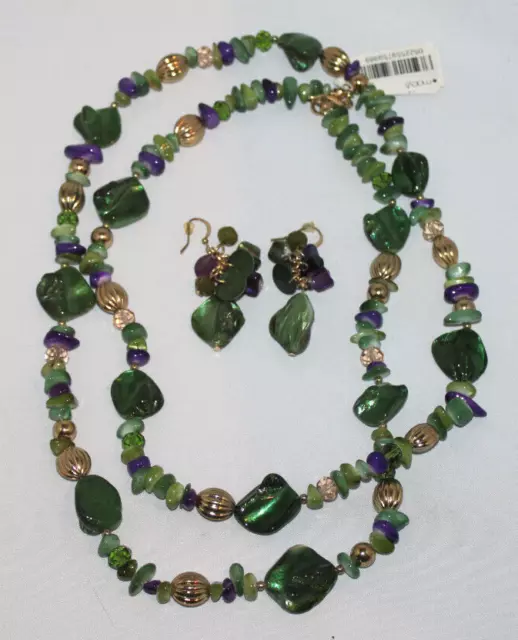 40" Verde Púrpura Concha Cuerda Collar y Pendientes Perforados Conjunto NUEVO