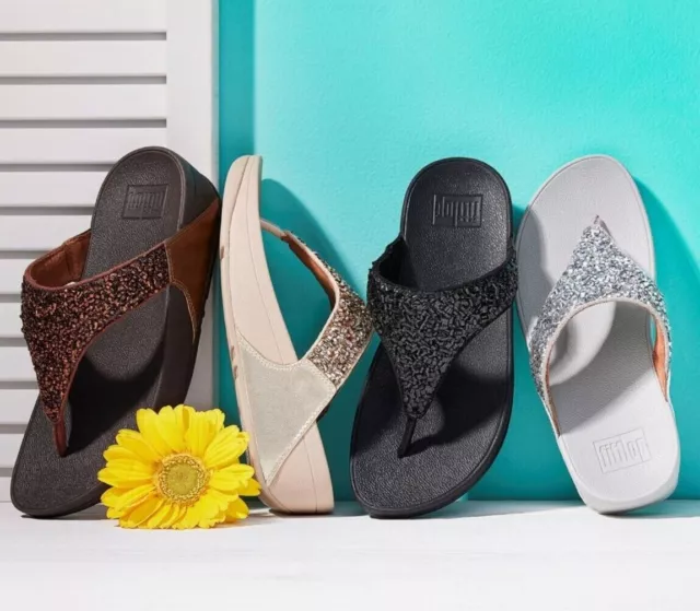FitFlop LULU Shimmer foil Toe-Post wedge Sandals Choose Size & Color NEW