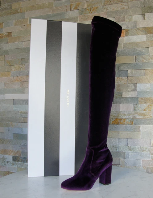 Aquazzura 37,5 Bottes Cuissardes Chaussures Velours Aubergine Neuf Autrefois
