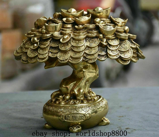 10" Folk Chinese Brass Fengshui Dragon Treasure bowl Wealth Money Tree Statue