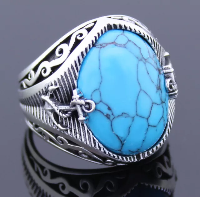 Solid 925 Sterling Silver Sailor's Anchor Oval Turquoise Stone Men's Ring