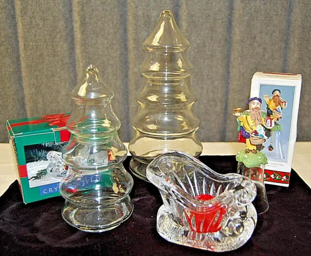 Christmas 2 Glass Trees, Glass Bell, Crystal Sleigh with Votive Candle   X462