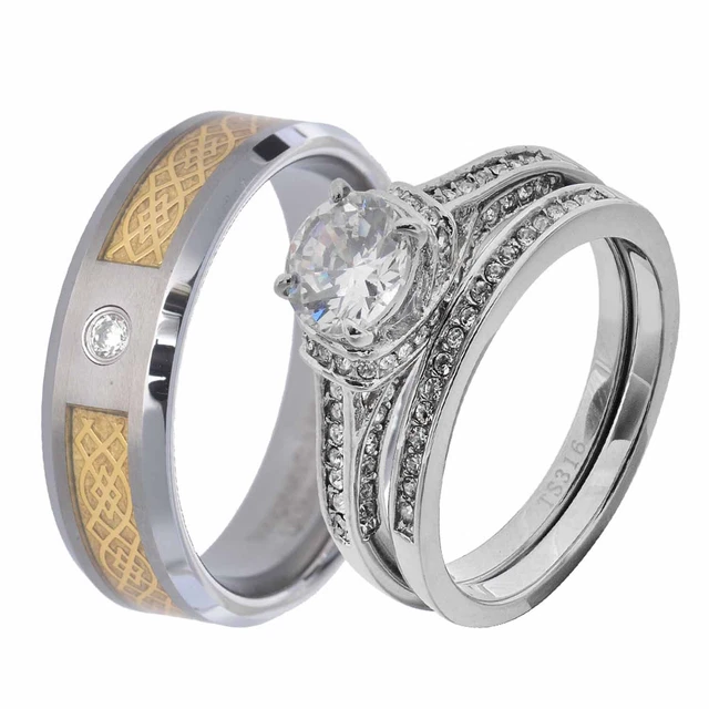 His & Her Wedding Ring Set Stainless Steel CZ Celtic Scroll Tungsten Men Band