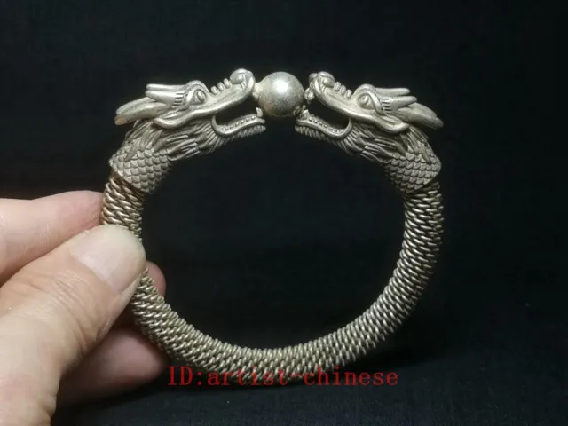 Old Chinese Tibet Silver Carving Dragon Handmade wire Exquisite Bracelet gift
