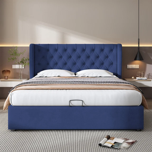 OTTOMAN STORAGE BED Gas Lift Up Velvet Upholstered 4ft6 Double Size Bed