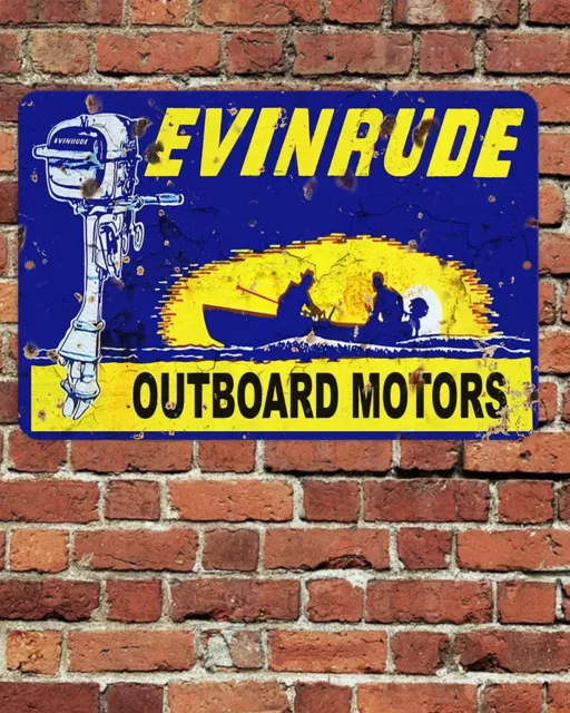 Evinrude Outboard Motors Sign Aluminum Metal 8"x12" Rustic Retro Aged