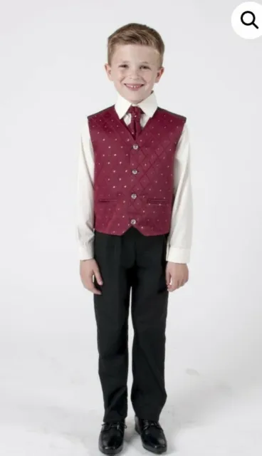 New Baby Boys 4 Piece Suit Vivaki Wine Black Trousers  Waistcoat  Tie Shirt