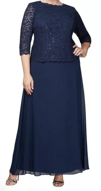 Alex Evenings Navy Lace Sequins Chiffon Dress Plus Size 14W NWT