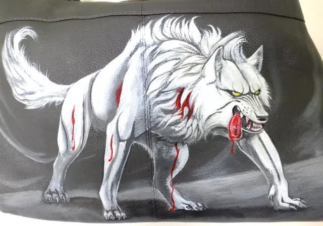 Rowallan Grey Leather Hand Painted Shoulder Bag Snarling  Were Wolf Halloween