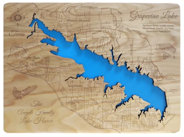 Grapevine Lake, Texas - Laser Cut Wood Map | Wall Art | Made to Order